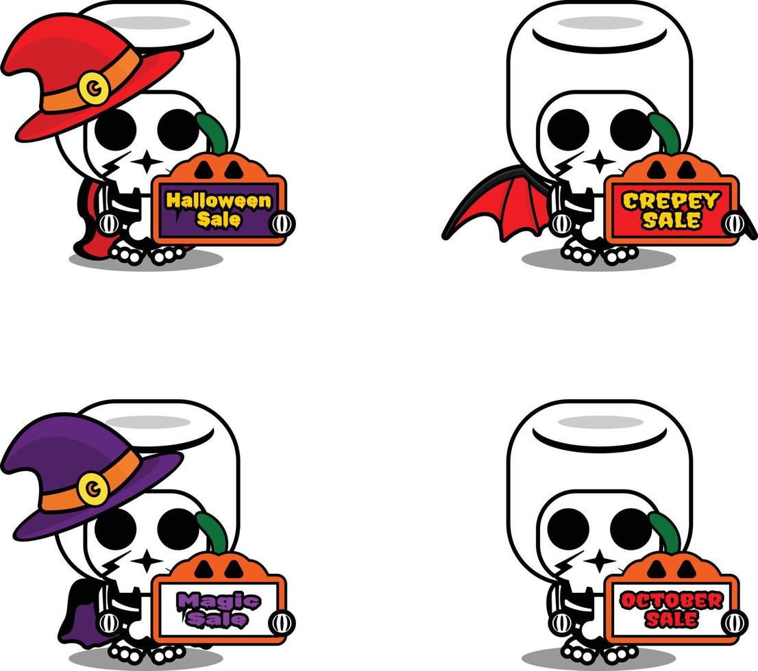personaje de dibujos animados de vector traje de mascota hueso marshmello comida con venta tablero de halloween