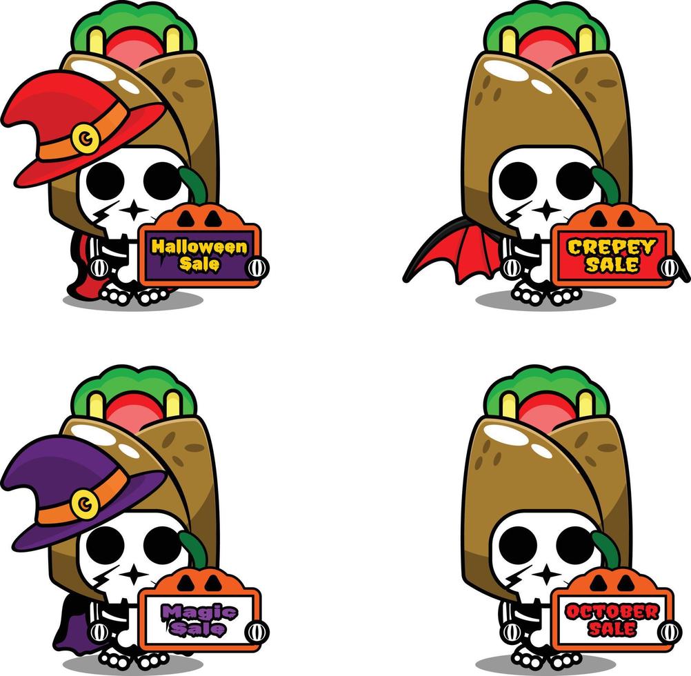 personaje de dibujos animados de vector traje de mascota hueso kebab comida con venta tablero de halloween