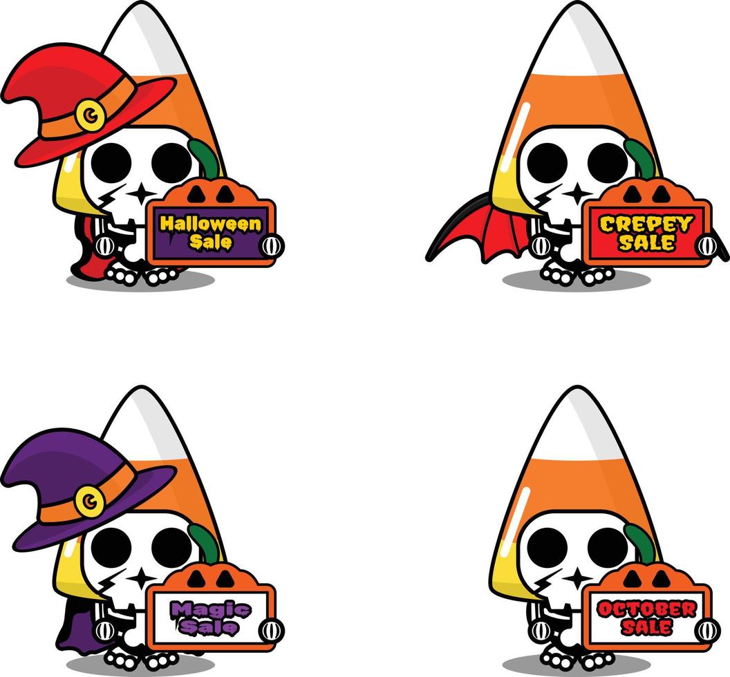 Vector cartoon character mascot costume bone halloween candy food holding sale halloween board