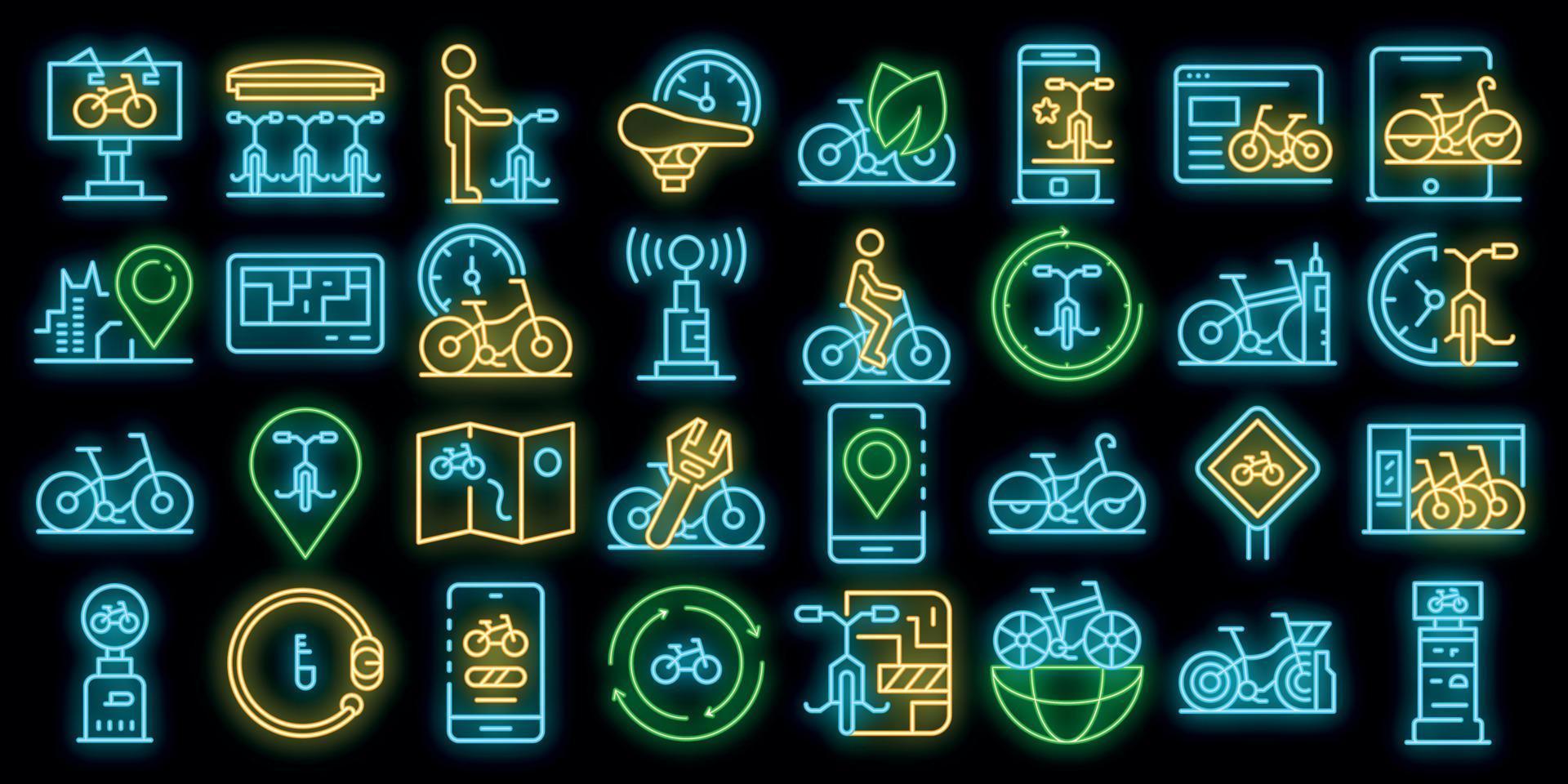 alquilar una bicicleta iconos conjunto vector neón