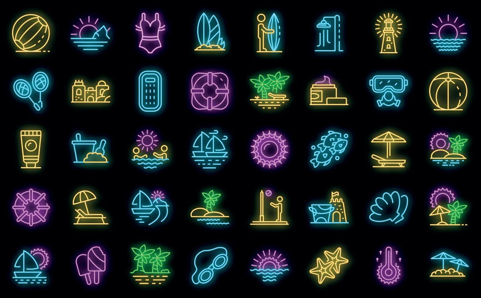 Beach landscape icons set vector neon