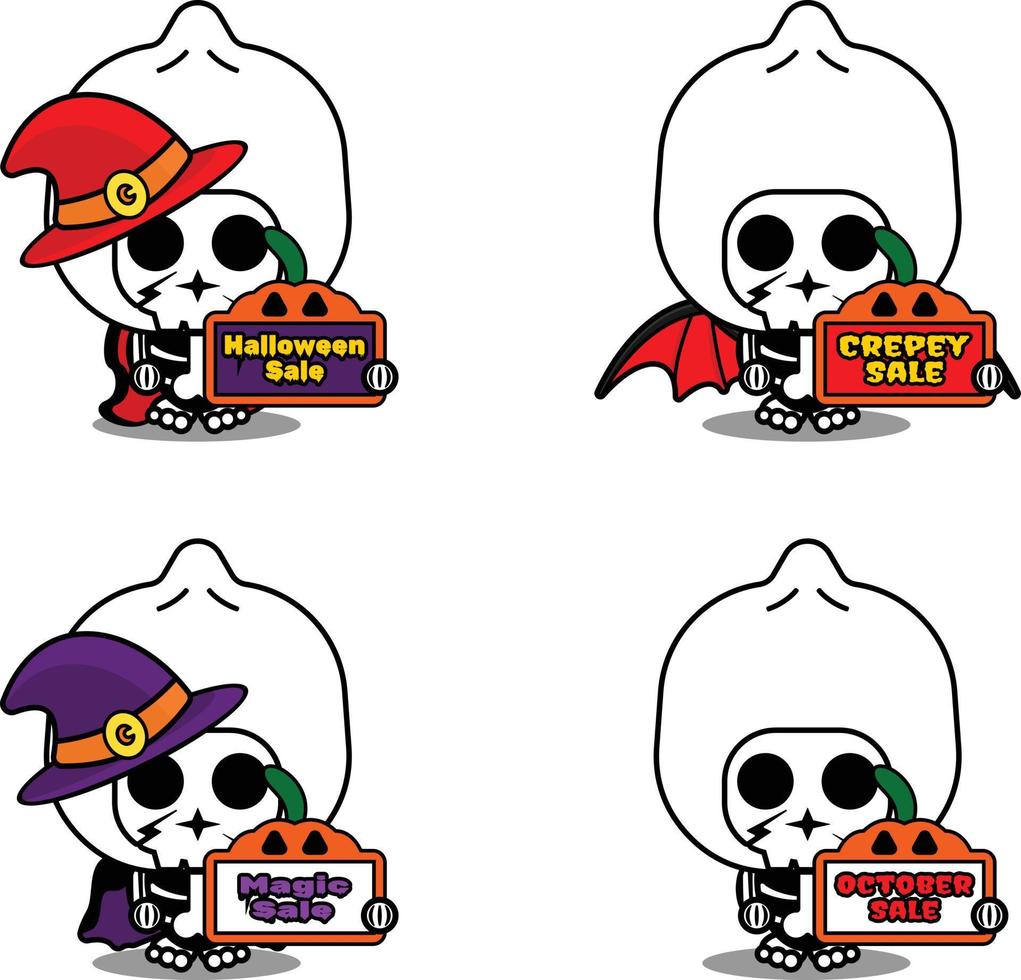 Vector cartoon character mascot costume bone dim sum food holding sale halloween board