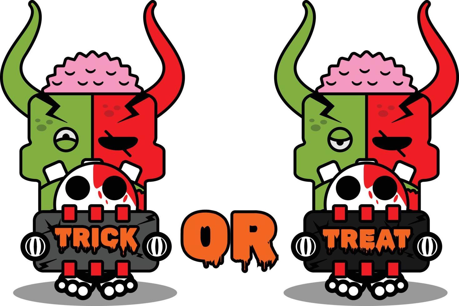 cartoon character costume vector illustration cute zombie demon mascot holding trick or treat board