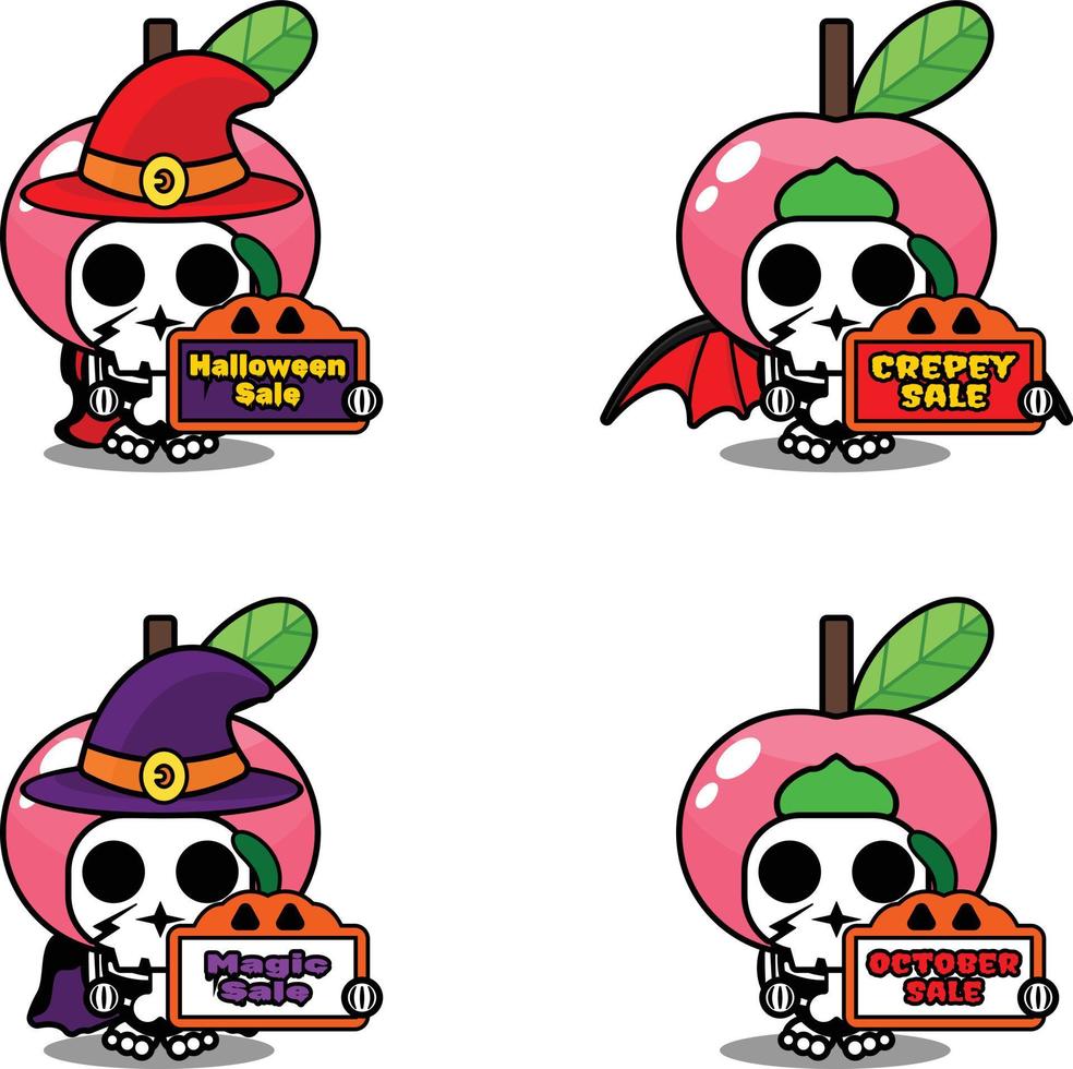 peach fruit bone mascot costume character cartoon vector. holding sale halloween board vector