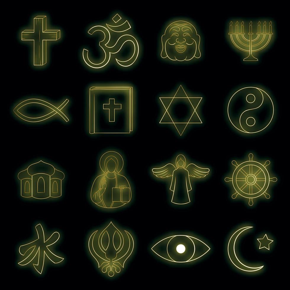 religión, iconos, conjunto, vector, neón vector