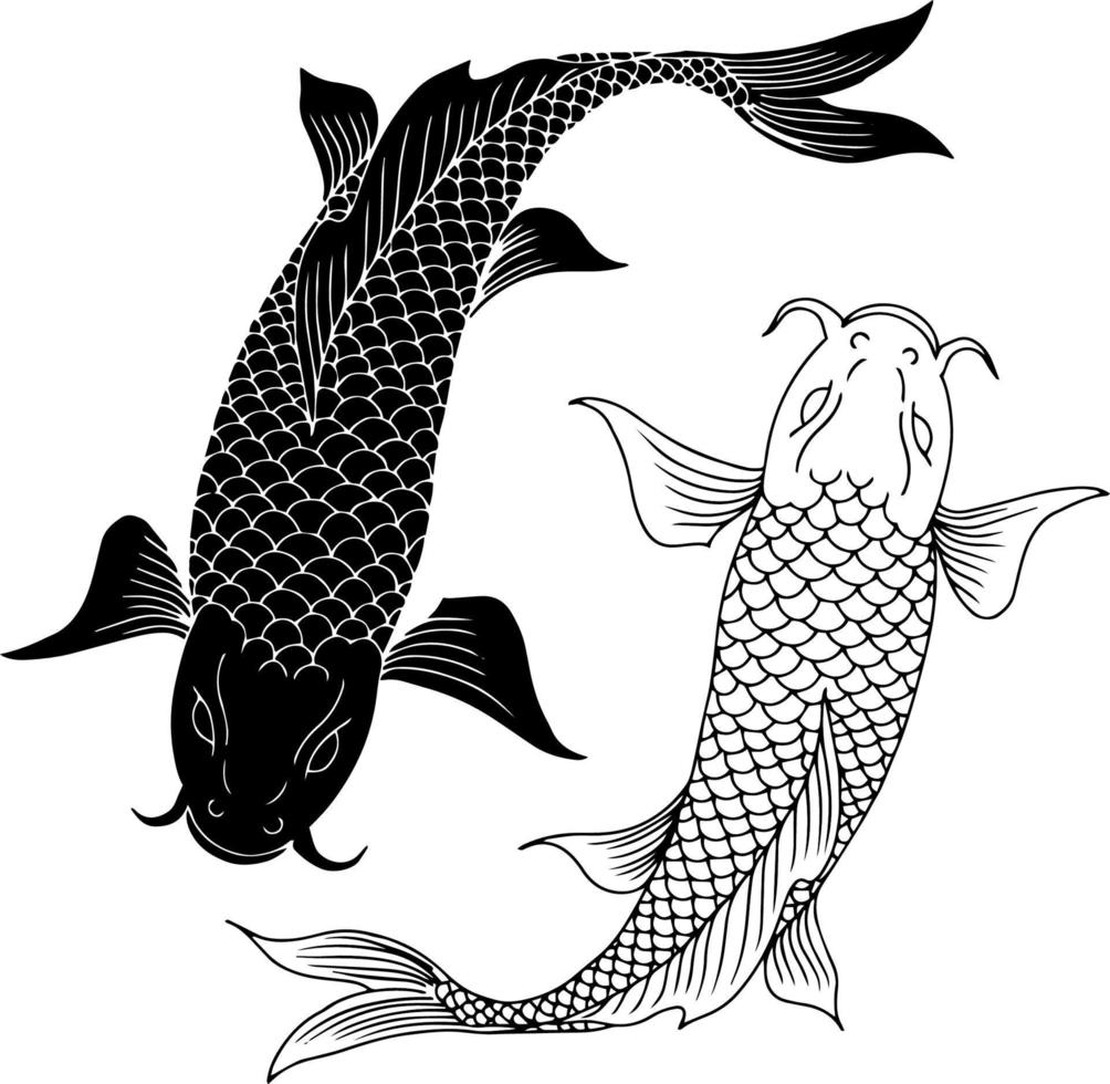 Design Vector Two Koi Fish Silhouette and Outline