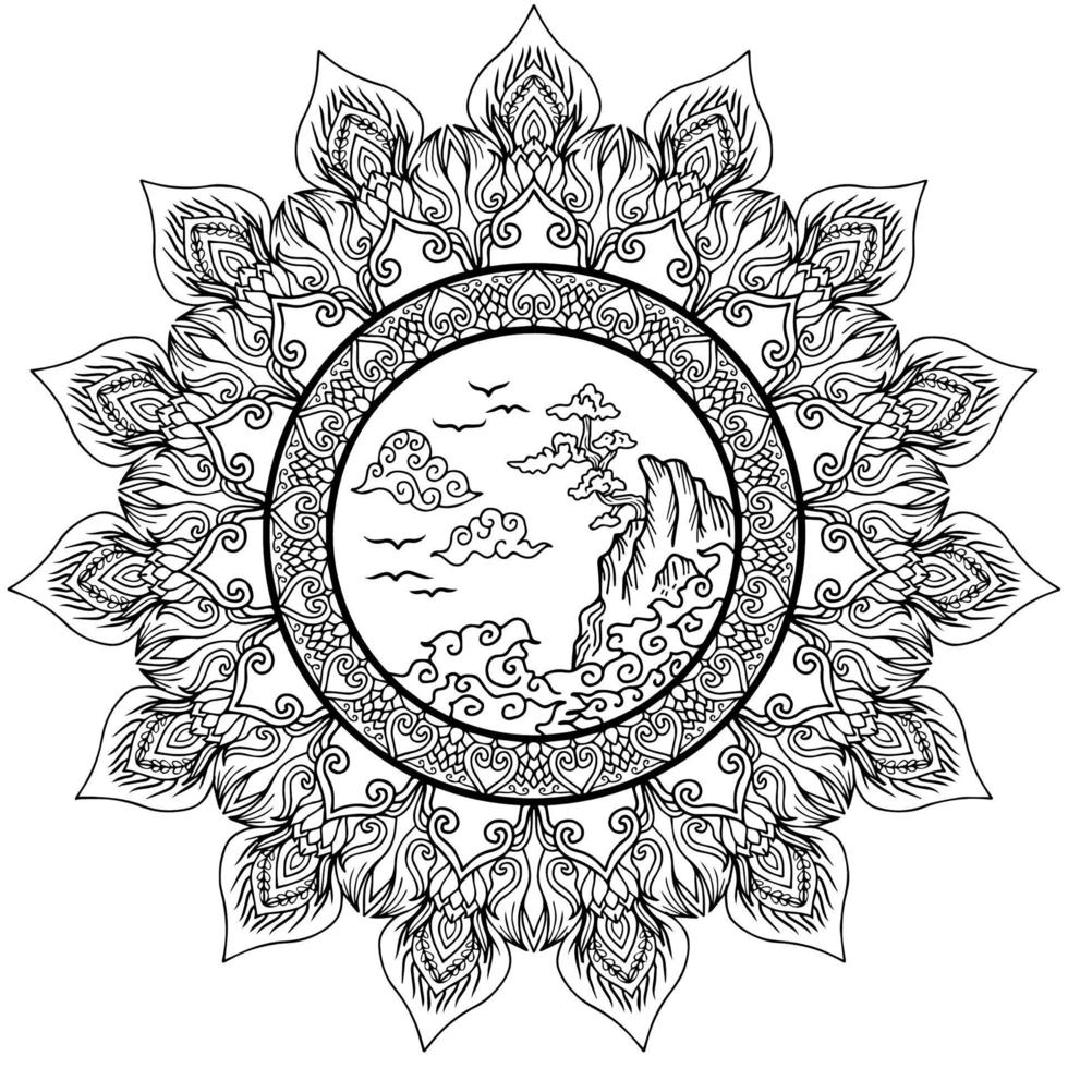 Vector Mandala Outline Design for Coloring Page