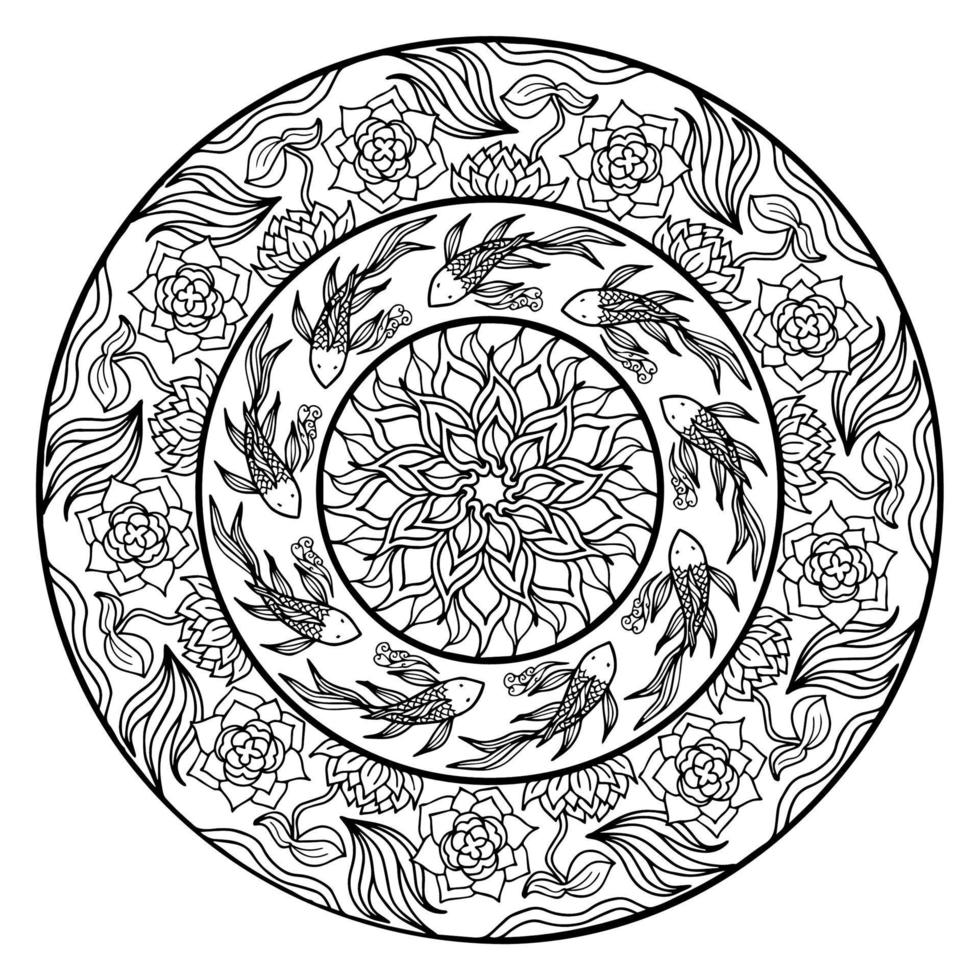 Vector Fish Mandala Outline Design