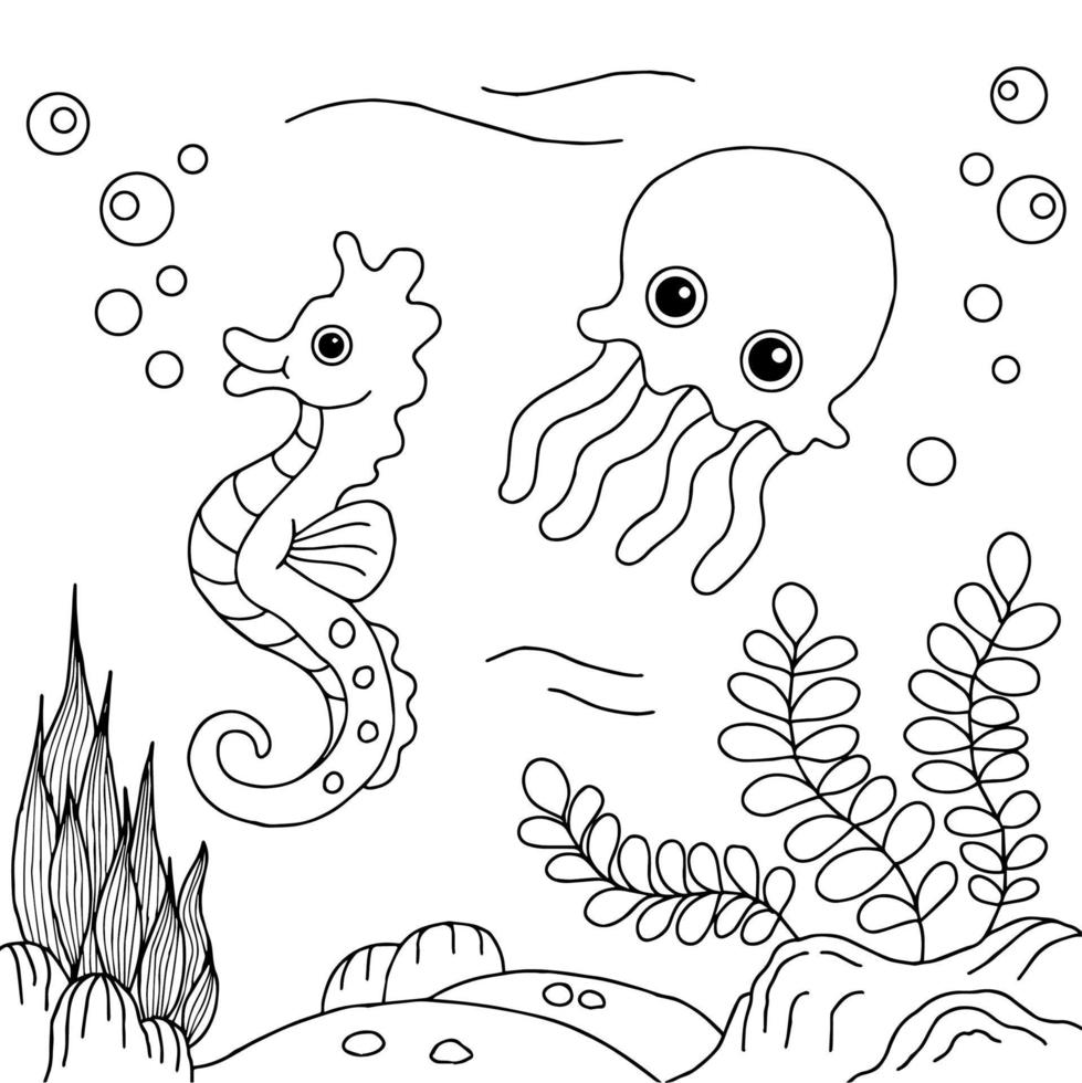 Design Vector Fish Under Sea Coloring Page for Kid