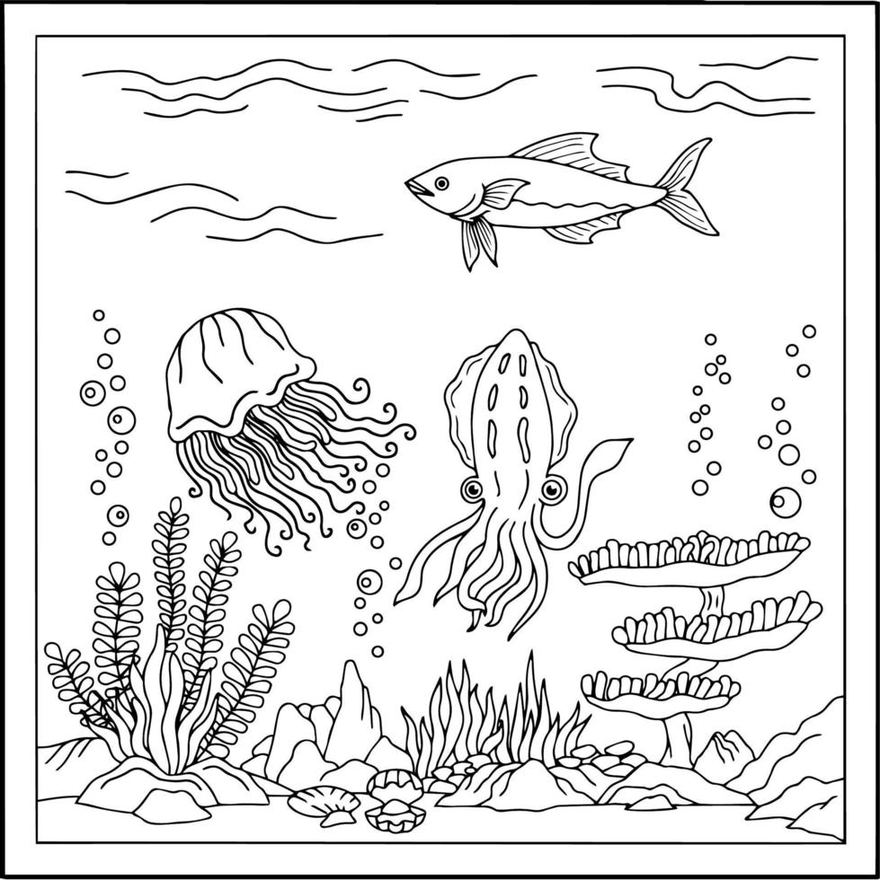 Design Vector Fish Under Sea Coloring Page for Kid