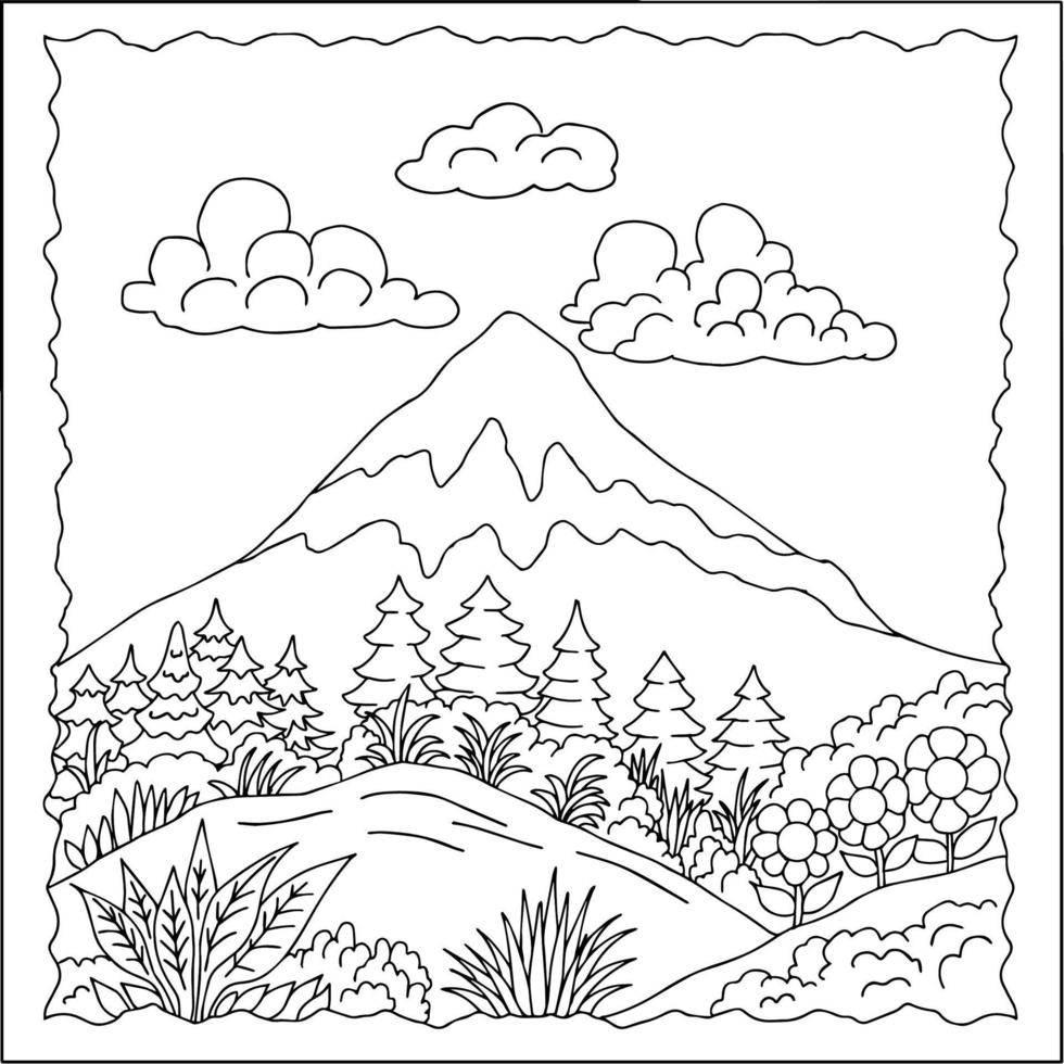 Design Vector Landscape Mountain Coloring Page for Kid