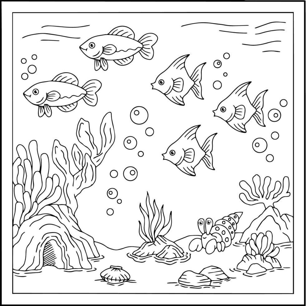 Design Vector Fish Under Sea Coloring Page for Kid