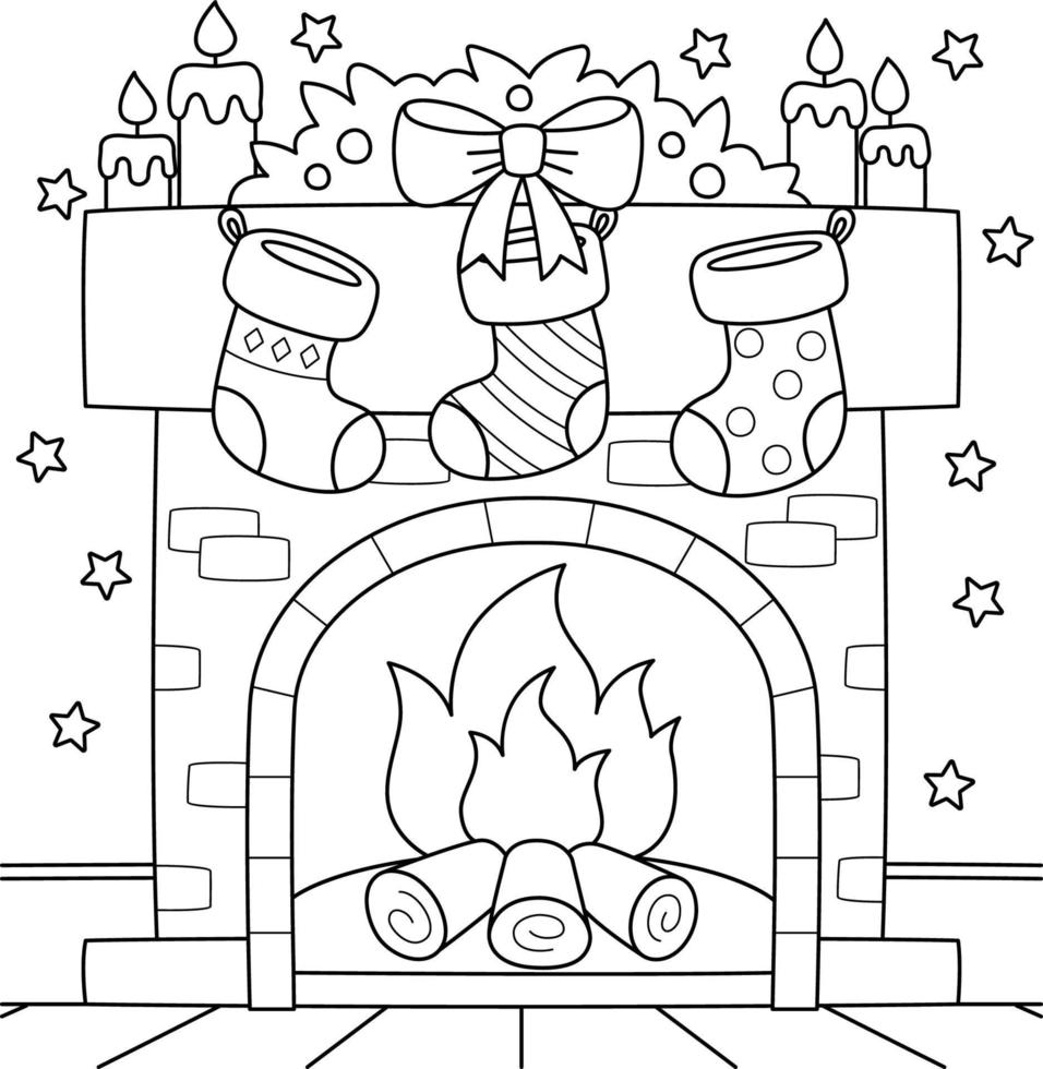 Christmas Fireplace with Stocking Coloring Page vector