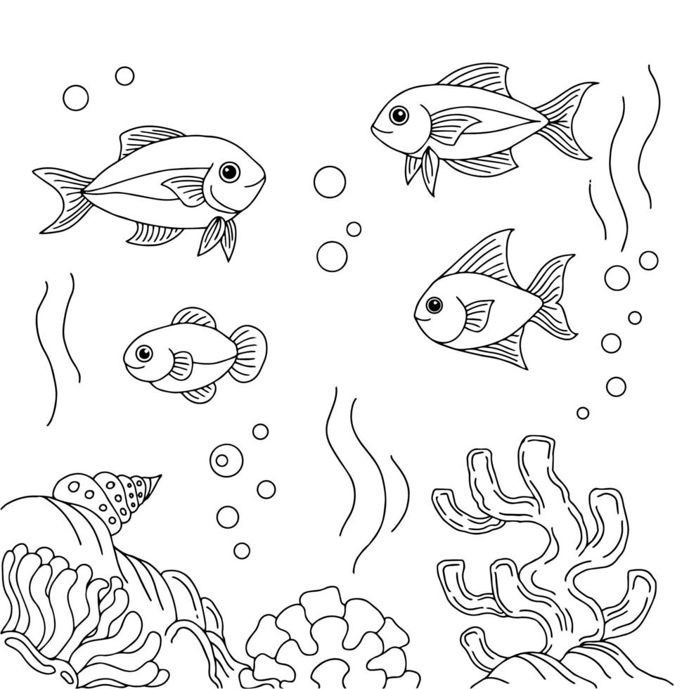 Design Vector Fish Under Sea Coloring Page for Kid