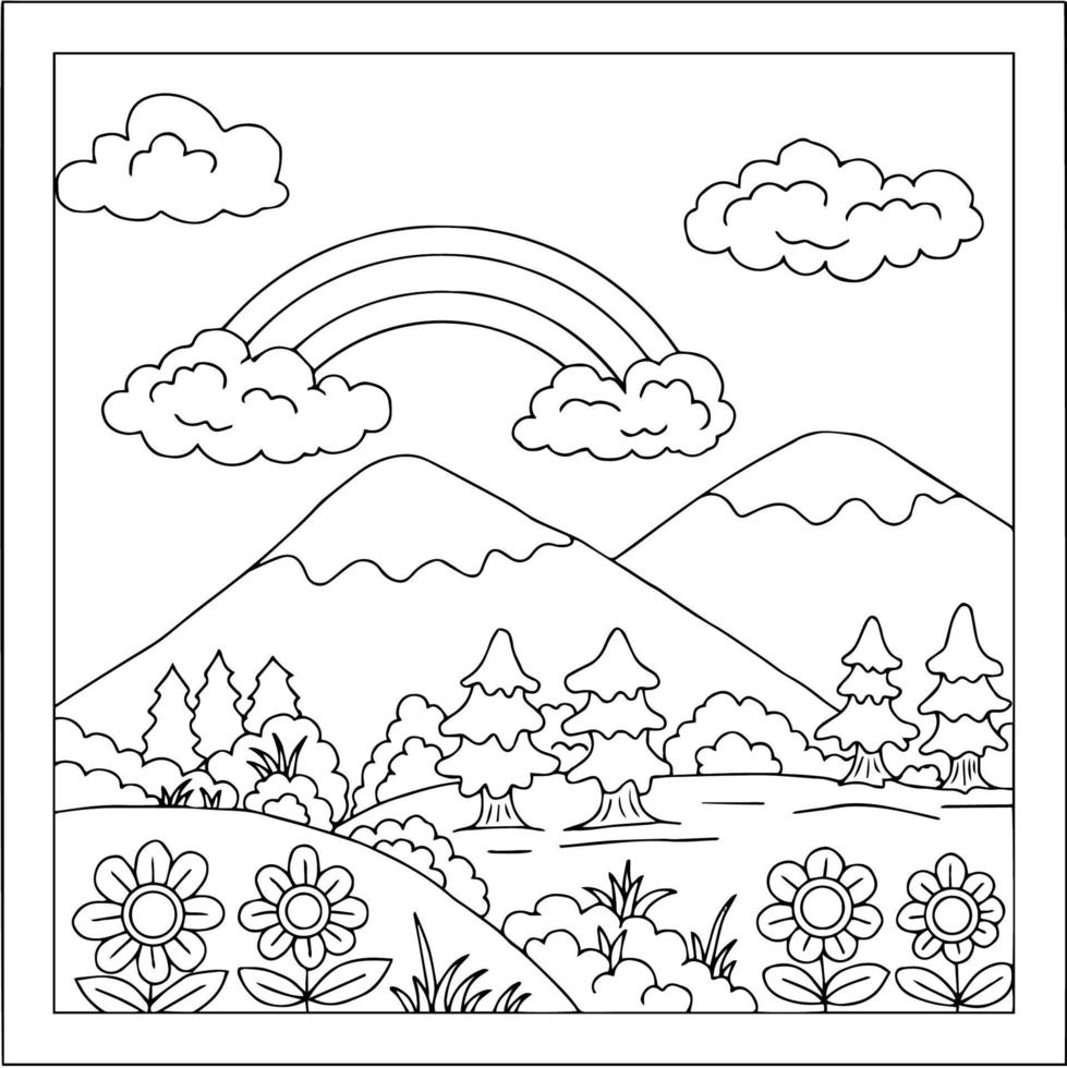 Design Vector Landscape Mountain Coloring Page for Kid