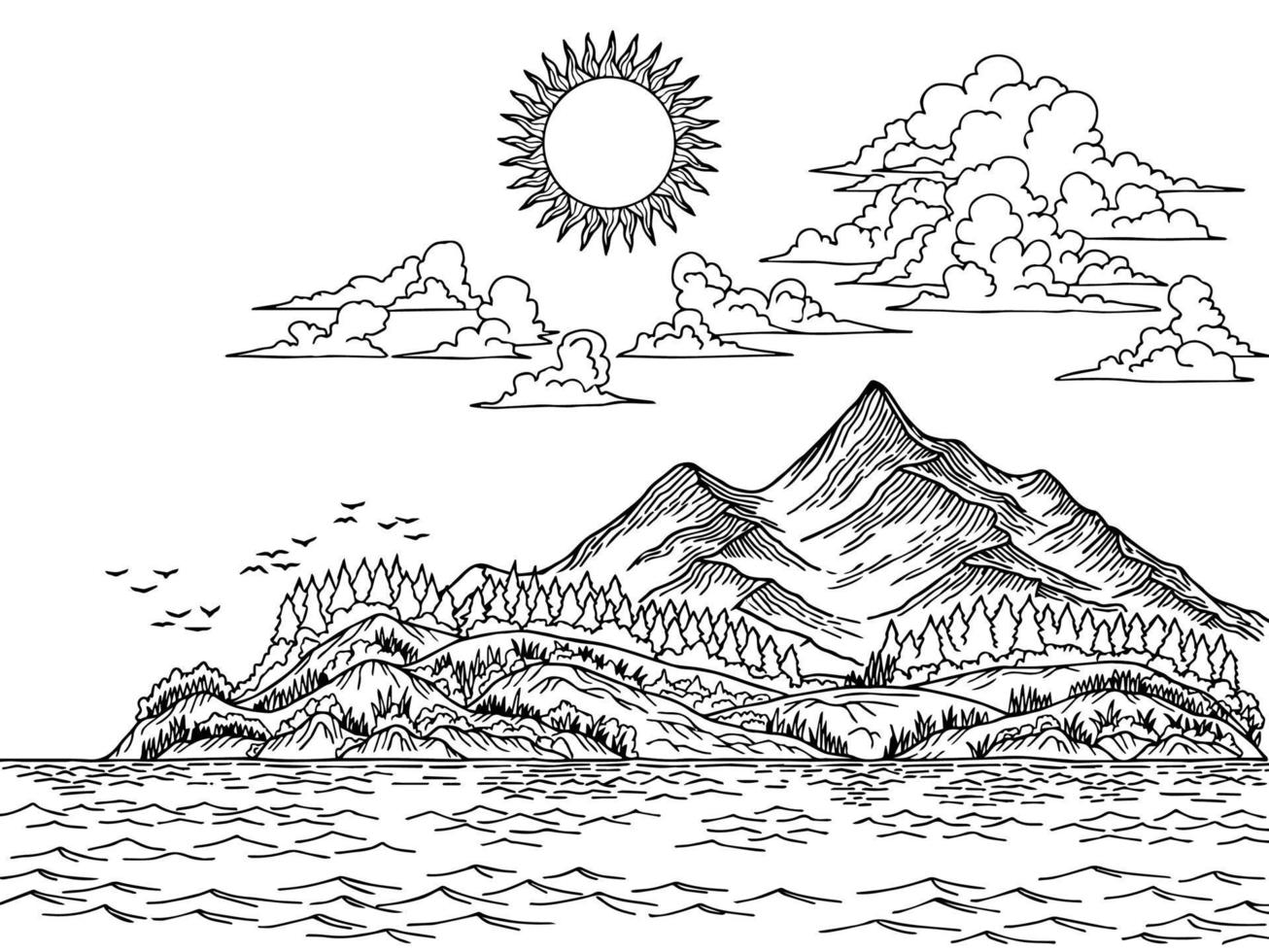 Design Vector Outline Landscape Mountain and Lake