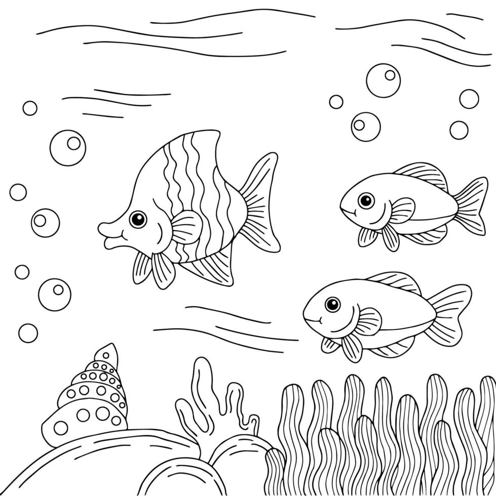 Design Vector Fish Under Sea Coloring Page for Kid