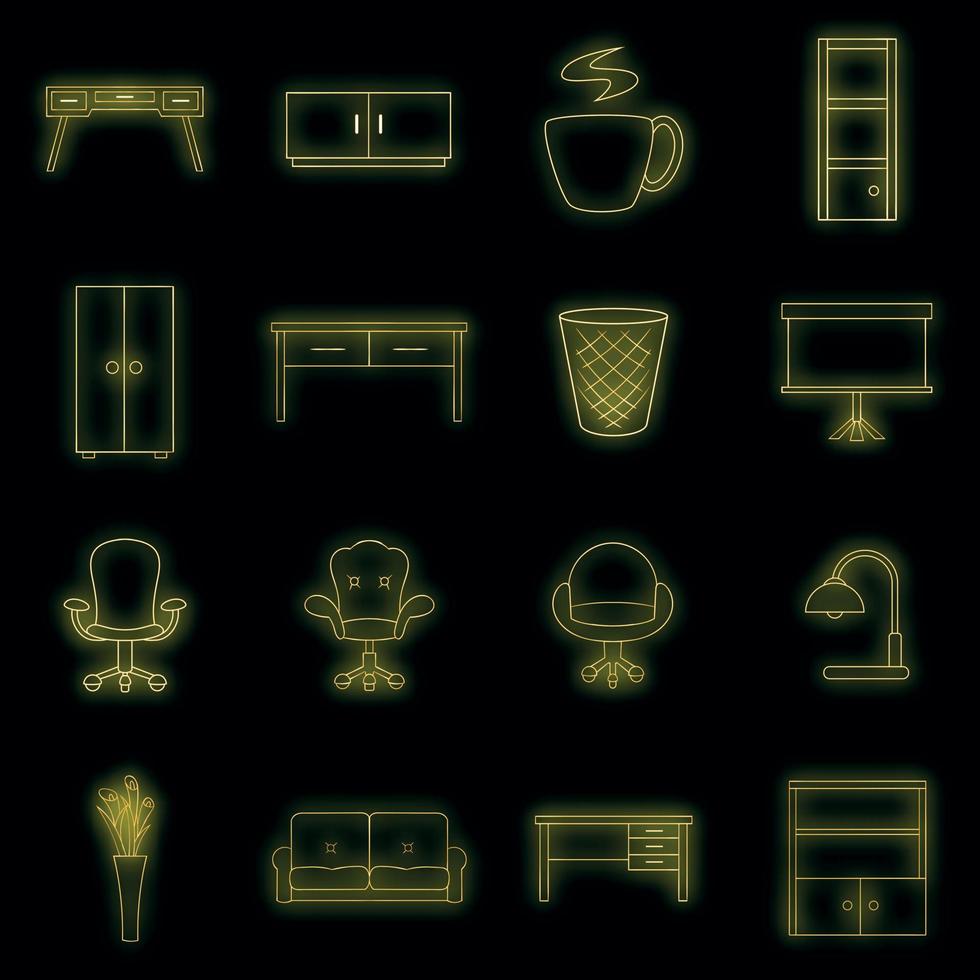 Office furniture interior icons set vector neon