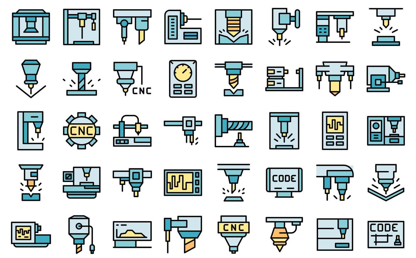 Cnc machine icons set line color vector