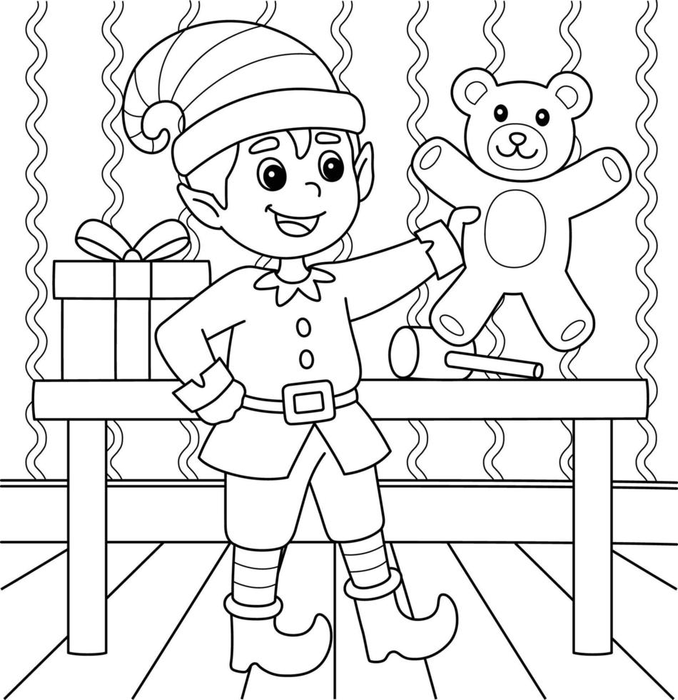 Christmas Elf Coloring Page for Kids vector