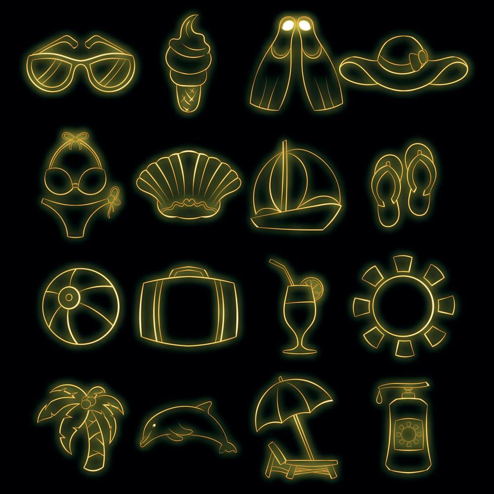 Summer icons set vector neon