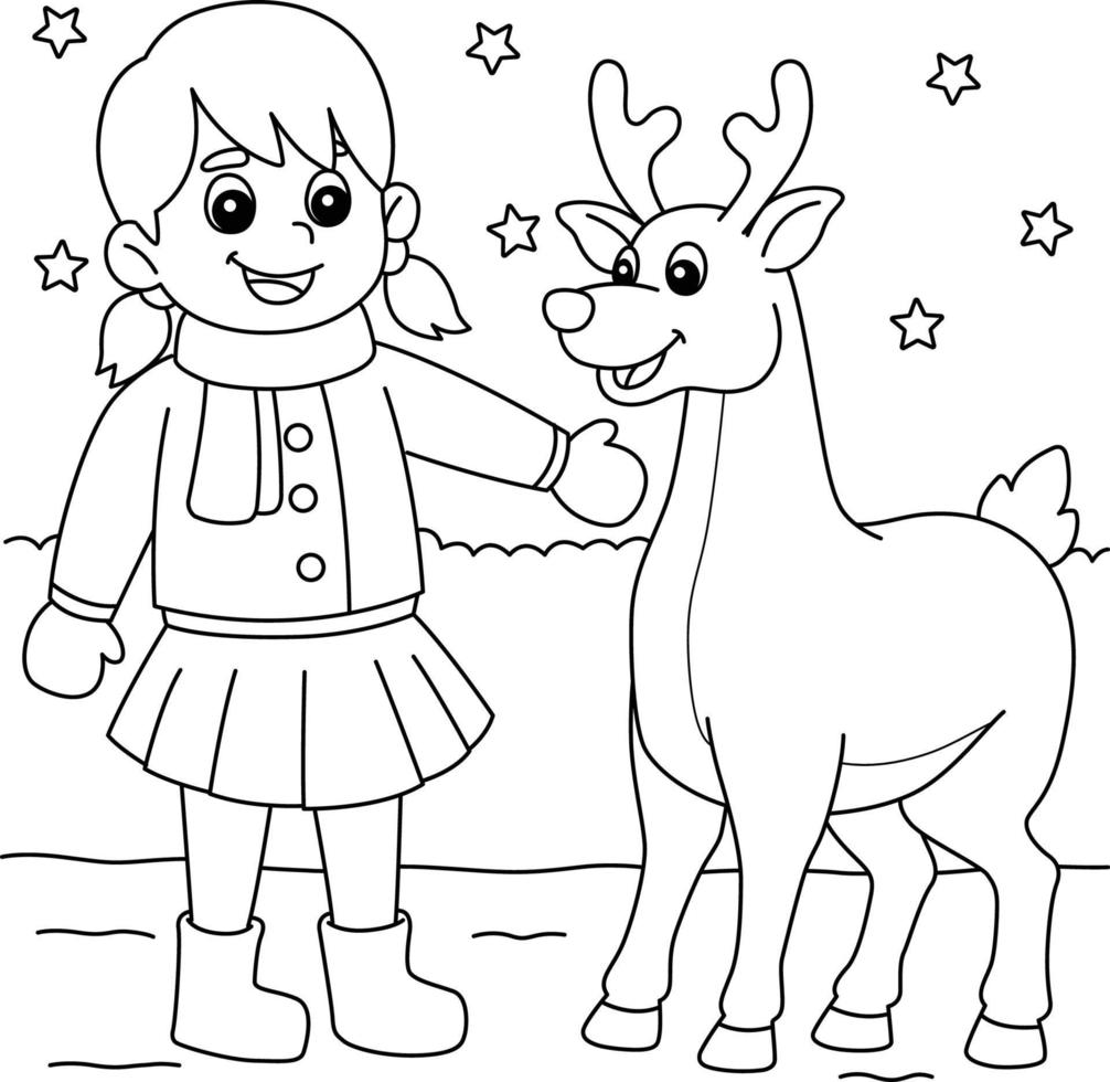 Christmas Girl And Reindeer Coloring Page for Kids vector