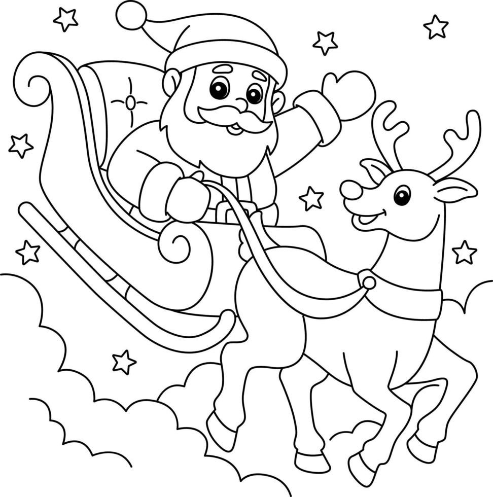 navidad santa trineo y renos para colorear página vector