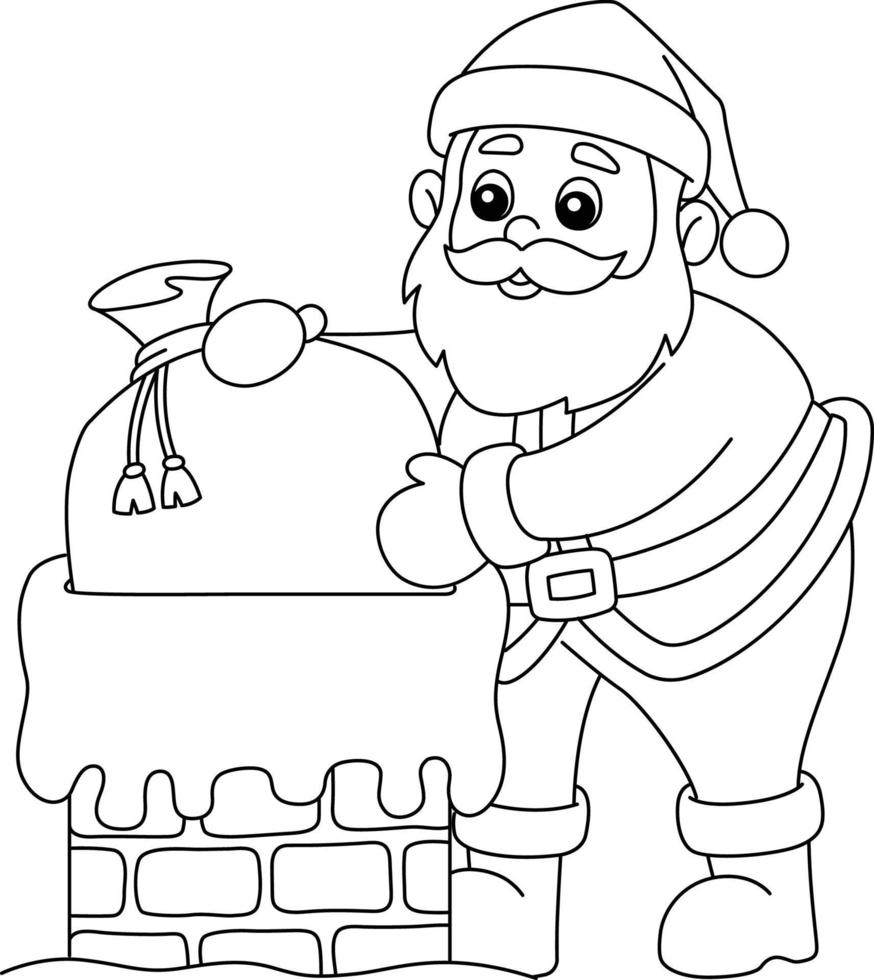 Christmas Santa On Chimney Isolated Coloring Page vector