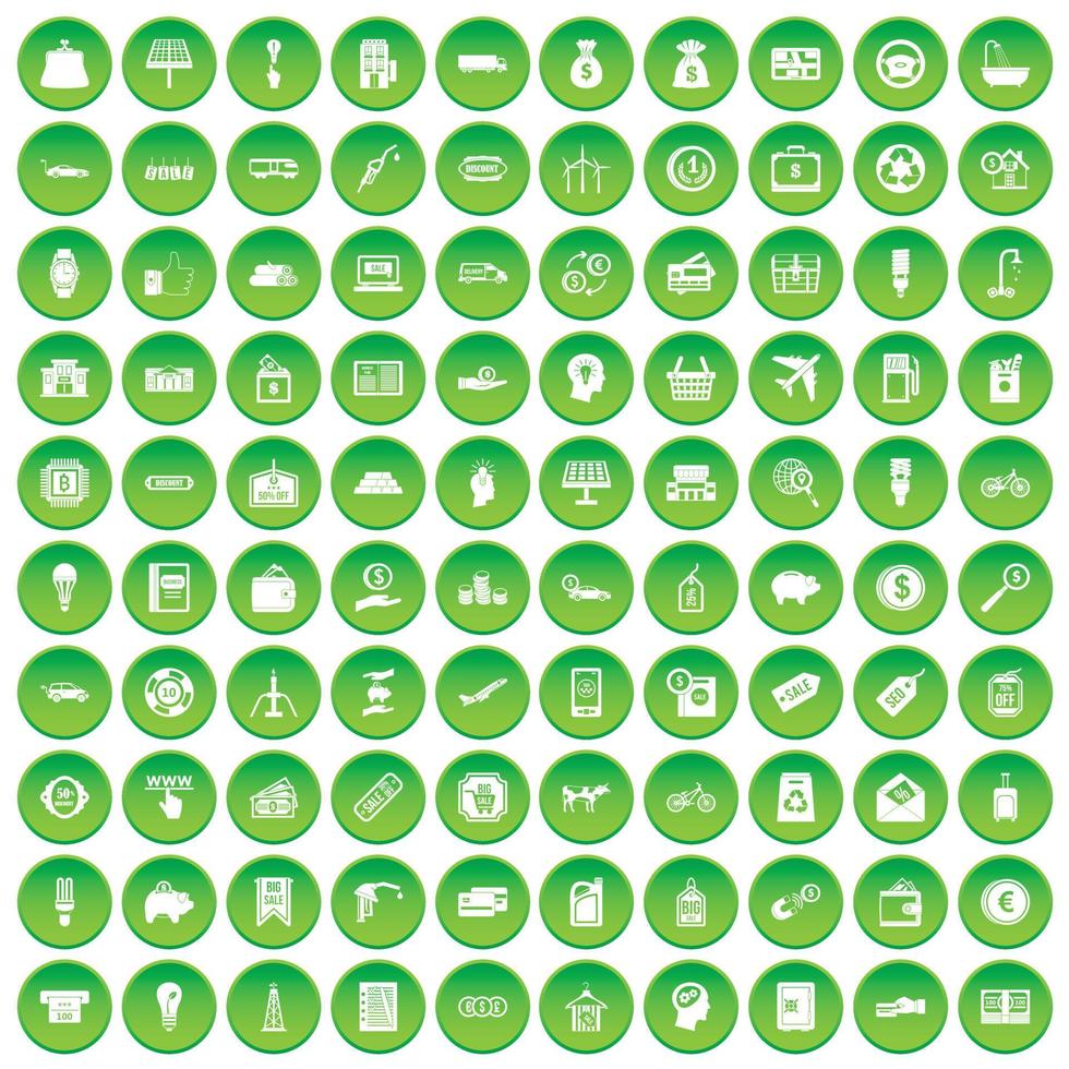 100 economy icons set green circle vector