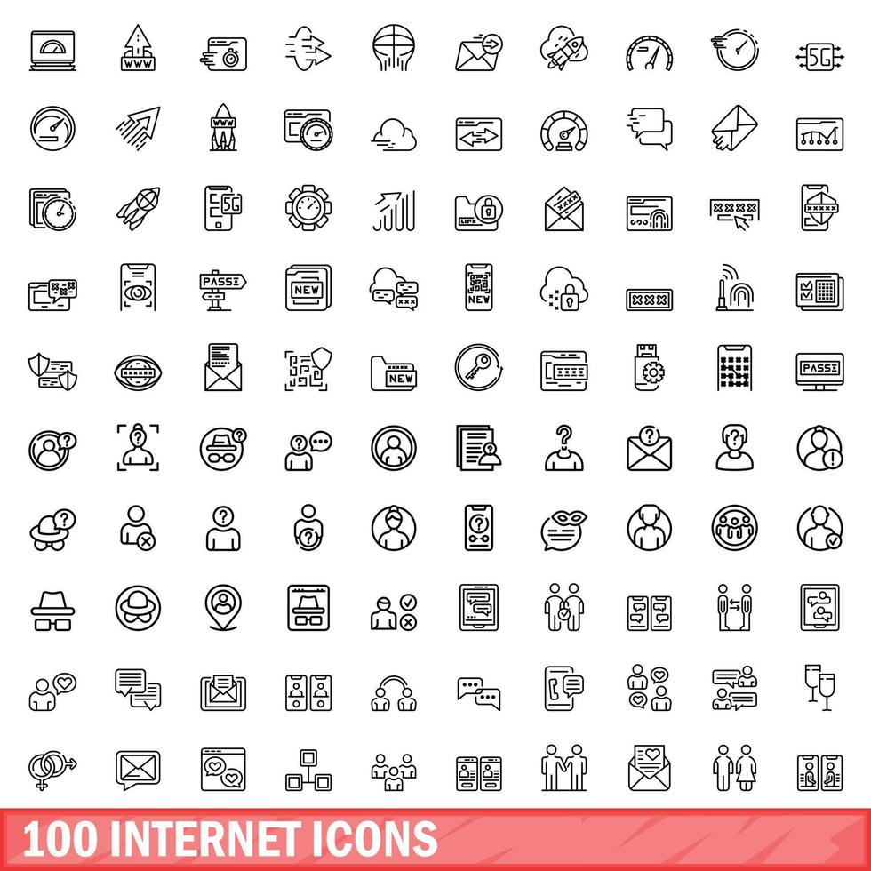 100 internet icons set, outline style vector
