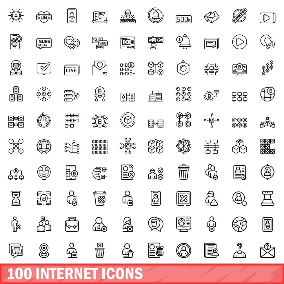 100 internet icons set, outline style vector