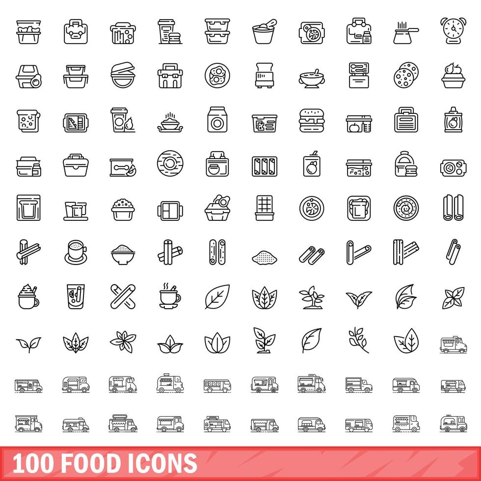 100 iconos de alimentos, estilo de esquema vector