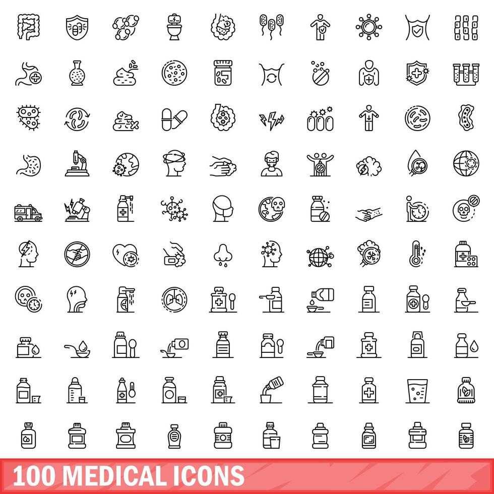 100 medical icons set, outline style vector