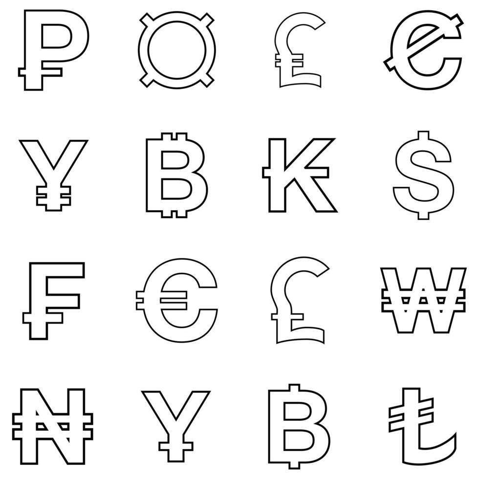 esquema de conjunto de iconos de moneda de diferentes países vector