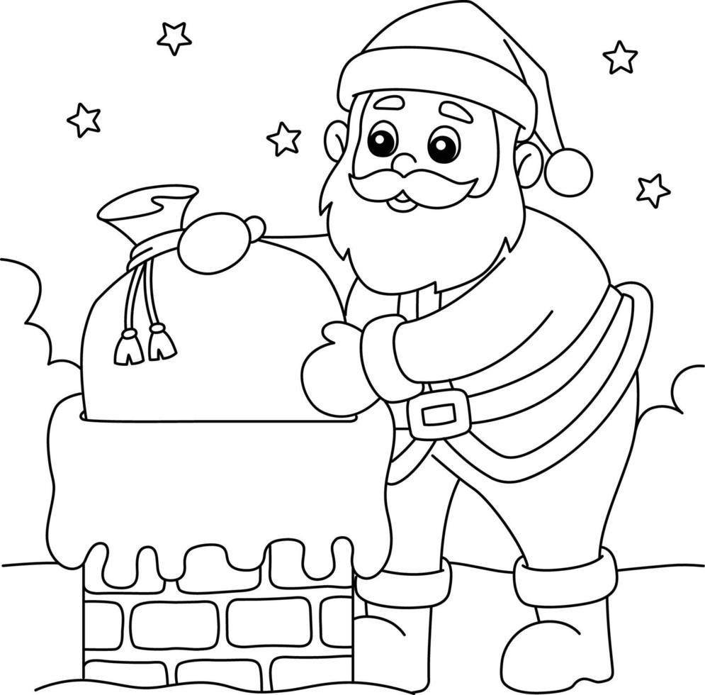 Christmas Santa On Chimney Coloring Page for Kids vector