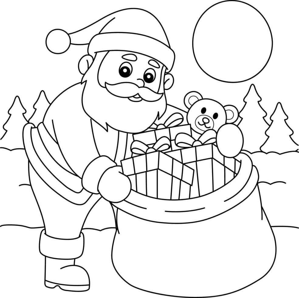 navidad santa claus con bolsa para colorear página vector