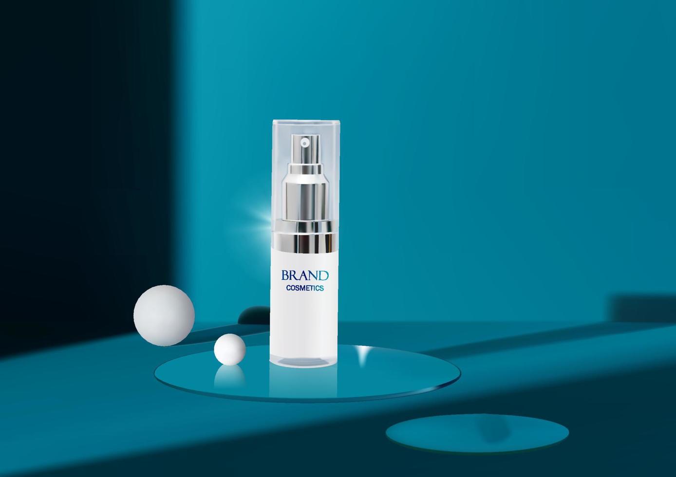 Luxury cosmetic bottle serum on mirror with white ball and blue background . Hyaluronic acid cosmetics product mock up vector