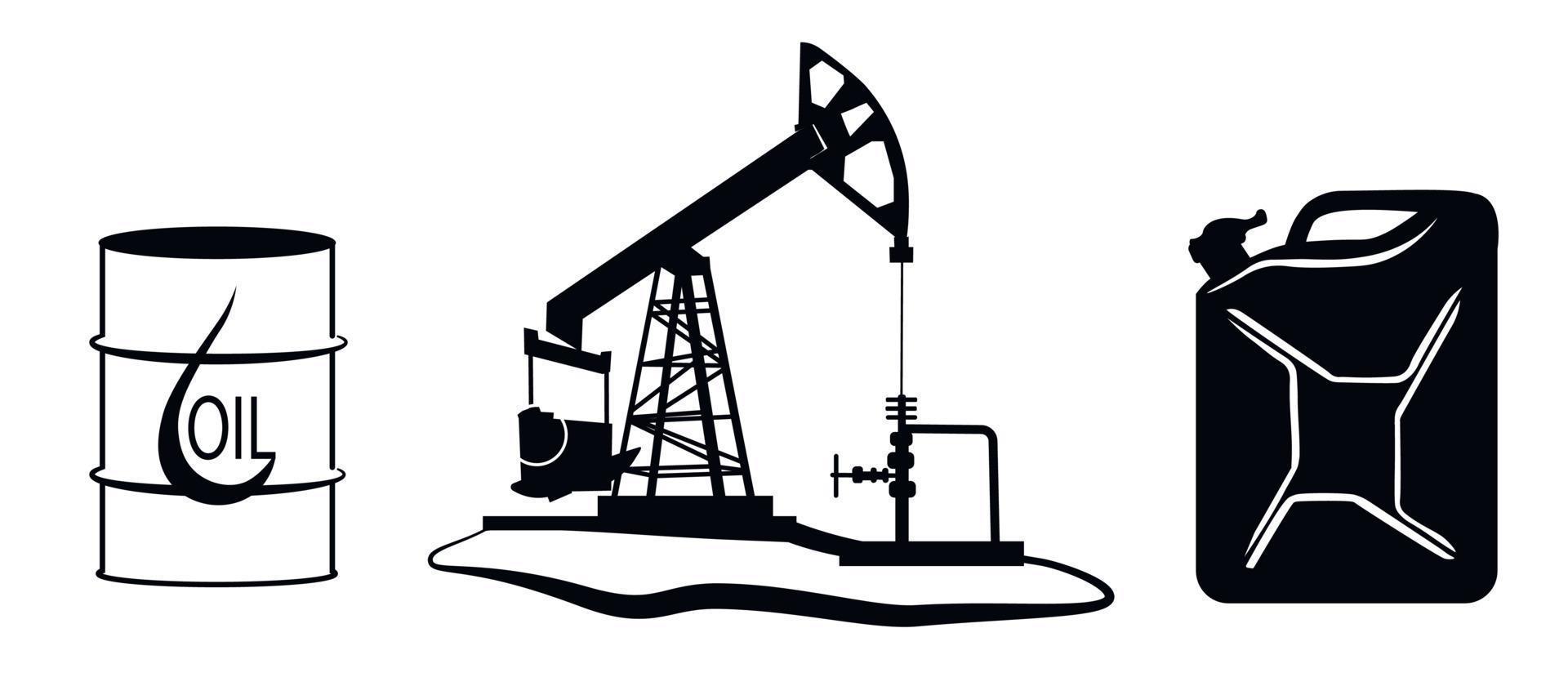 Oil rig vector stock illustration. Oil pumps, drilling derricks from oil field silhouette. Crude oil industry, background with pump jacks, drill rigs. Isolated on a white background