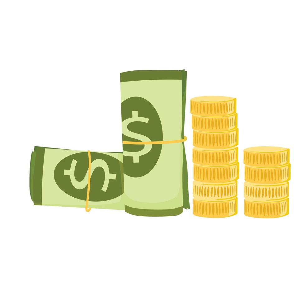Gold coins stack and banknotes in a roll. Banking operations. The concept of contribution, savings savings. Expenses. Vector stock illustration. Isolated on a white background.