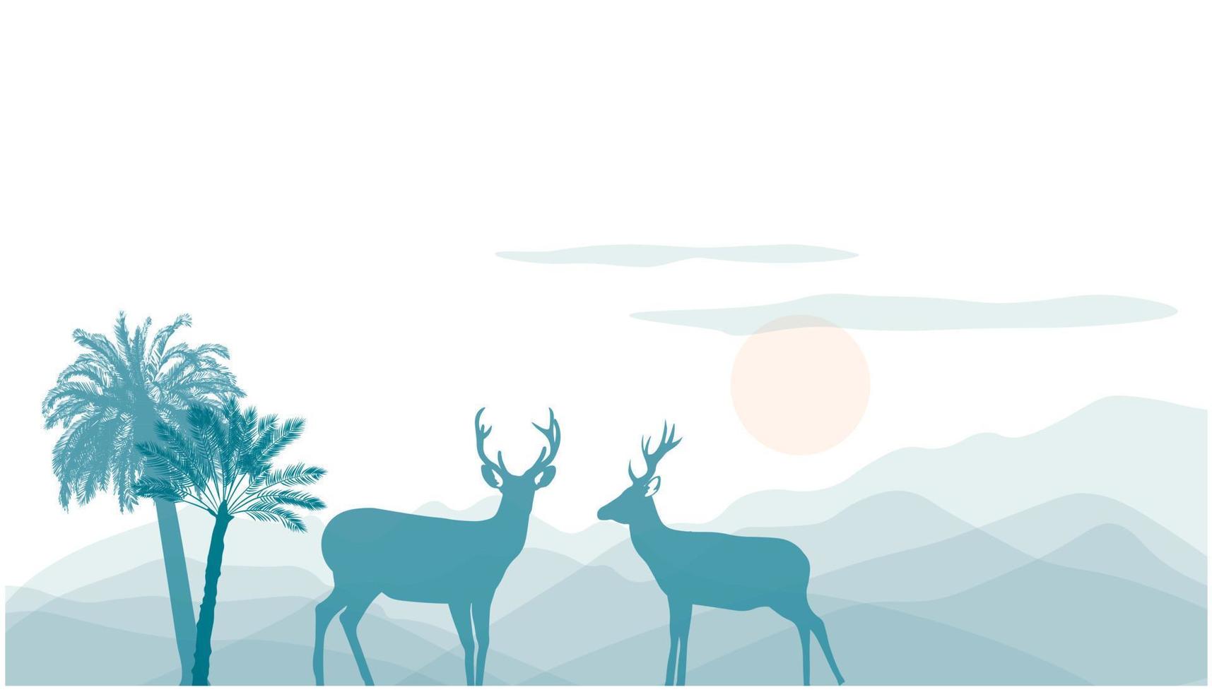 panorama de la selva tropical taiwanesa. Montañas Nubladas. ilustración de stock vectorial. ciervos, abrigos, cumbres montañosas. papel tapiz horizontal en suaves colores pastel. vector