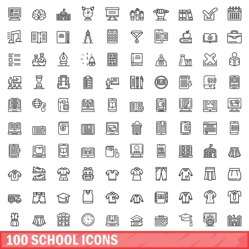 100 school icons set, outline style vector