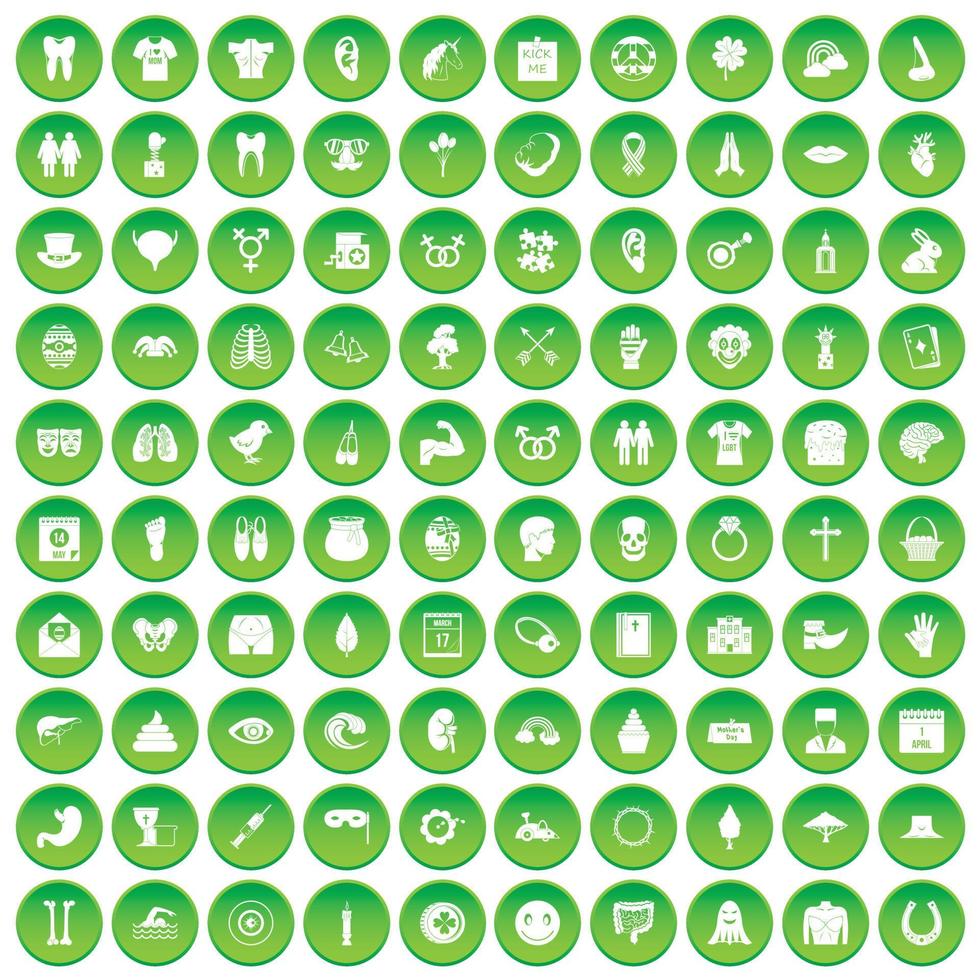 100 spring holidays icons set green circle vector