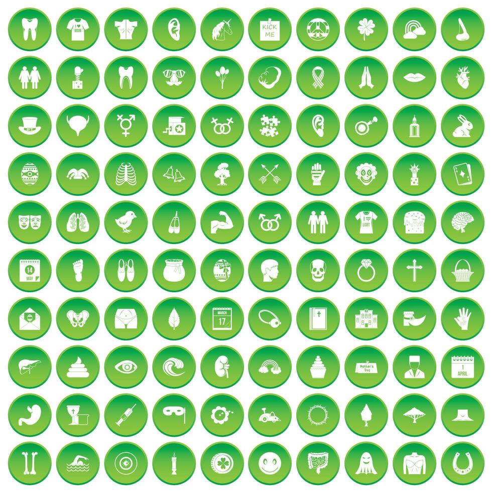 100 iconos de vacaciones de primavera establecer círculo verde vector