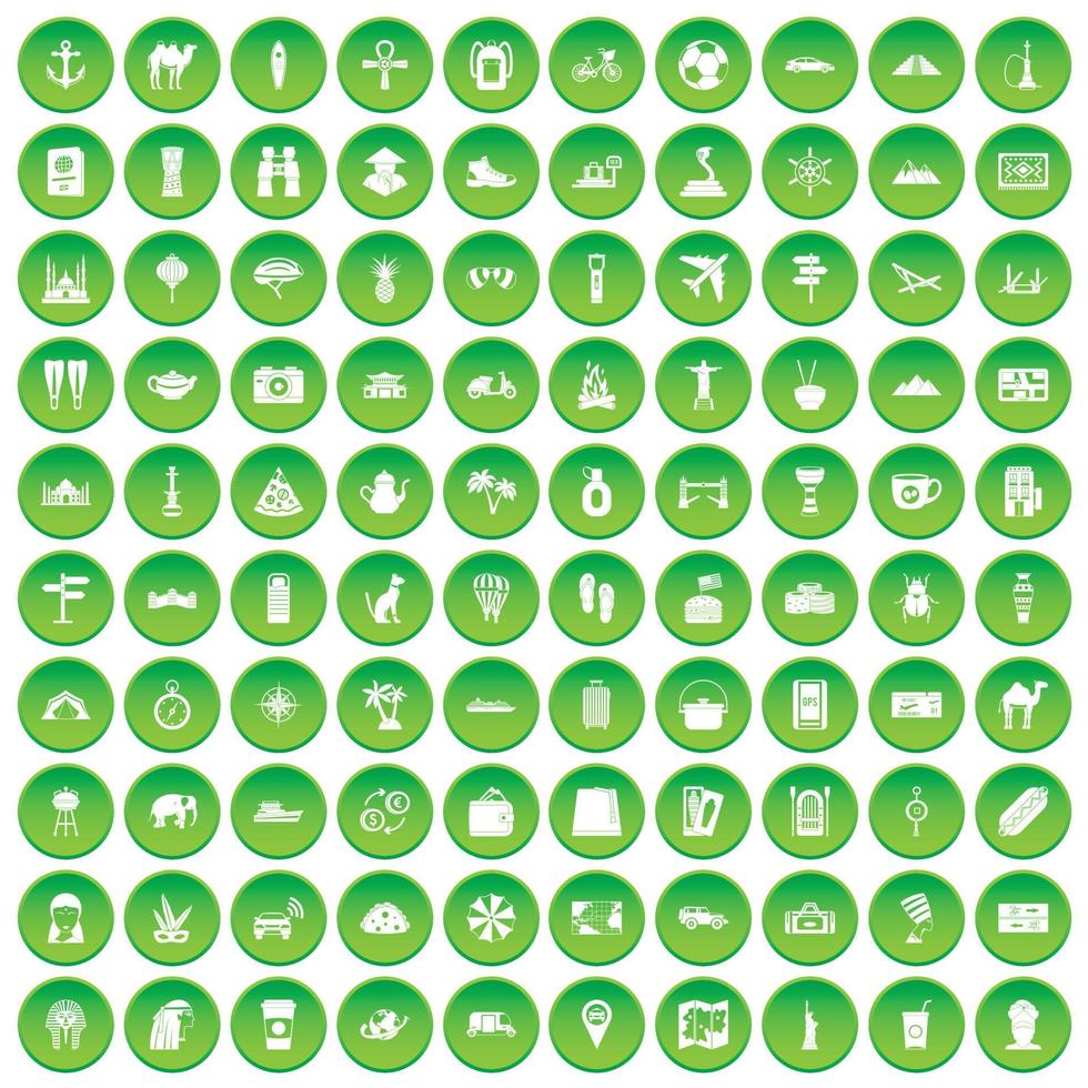 100 iconos de turismo establecer círculo verde vector