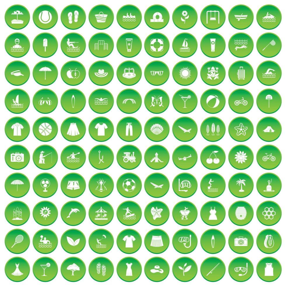 100 summer icons set green circle vector