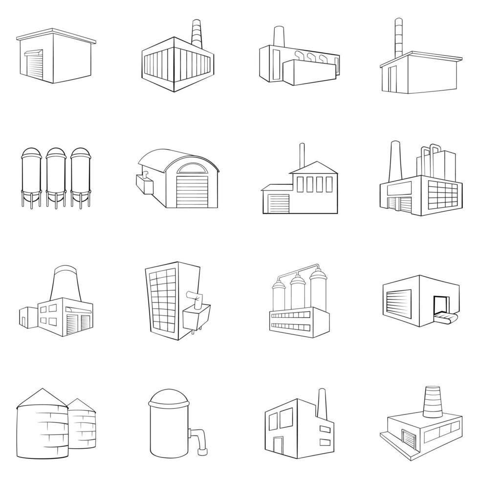 Industrial building plants and factories icons set vector outline