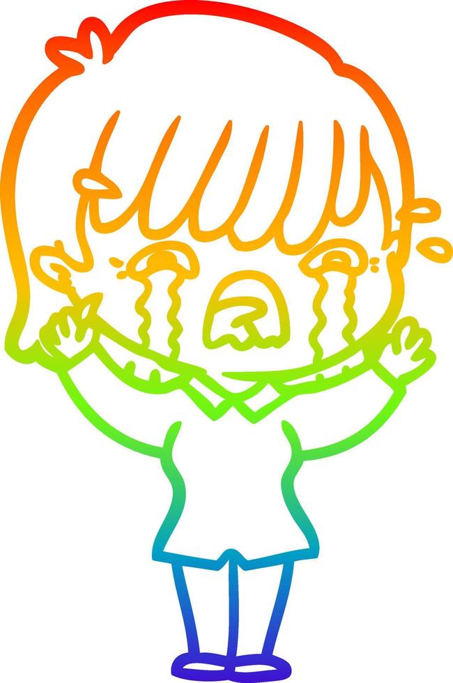 rainbow gradient line drawing cartoon girl crying vector