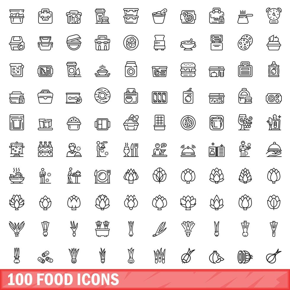 100 iconos de alimentos, estilo de esquema vector