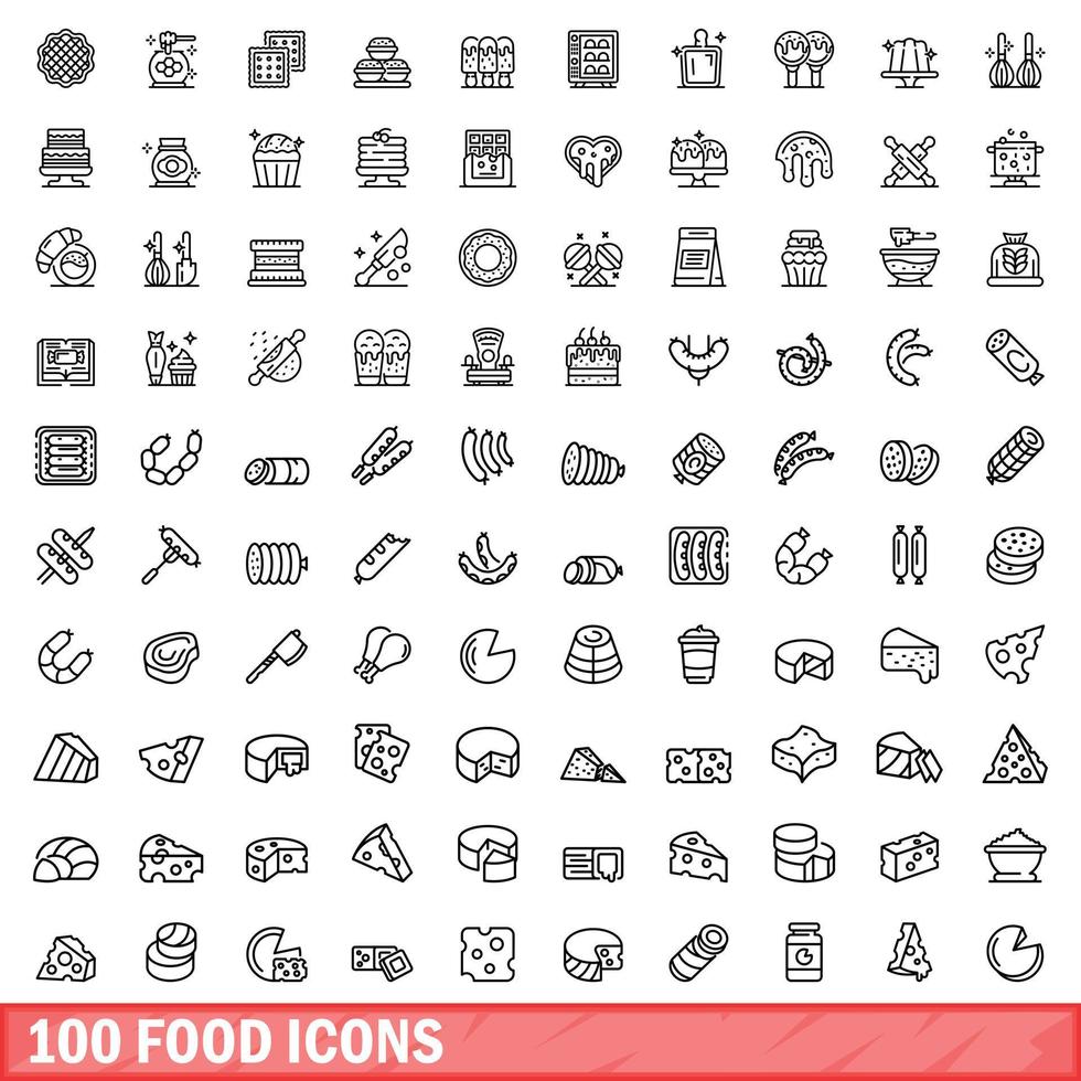 100 food icons set, outline style vector