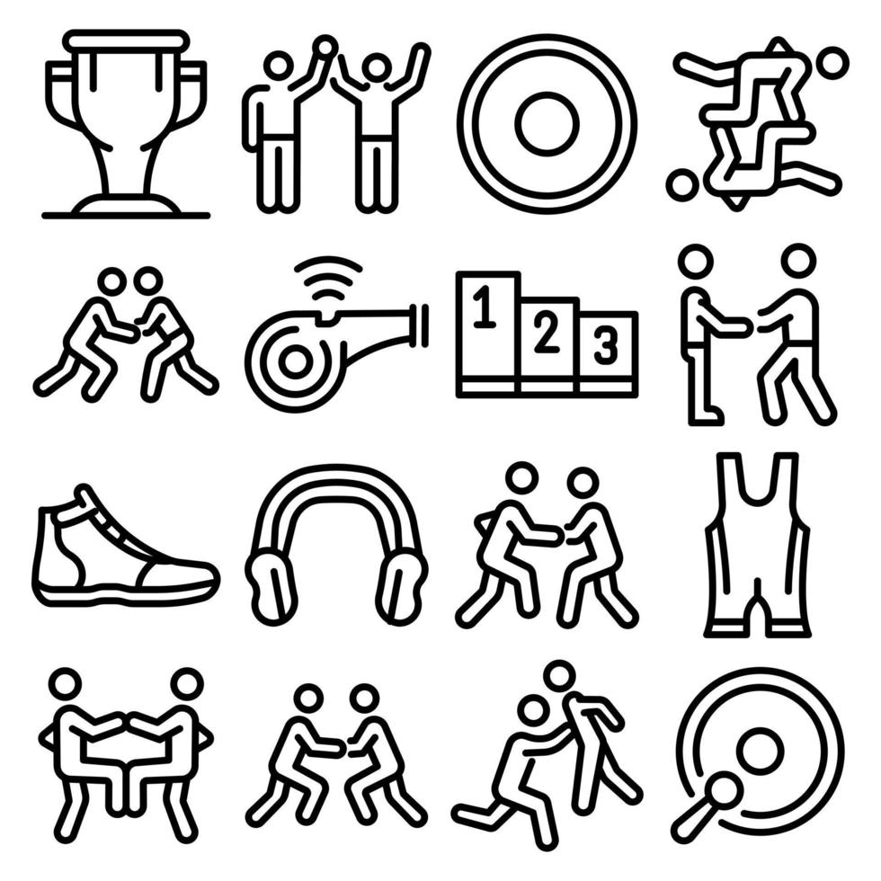 Greco-Roman wrestling icons set, outline style vector